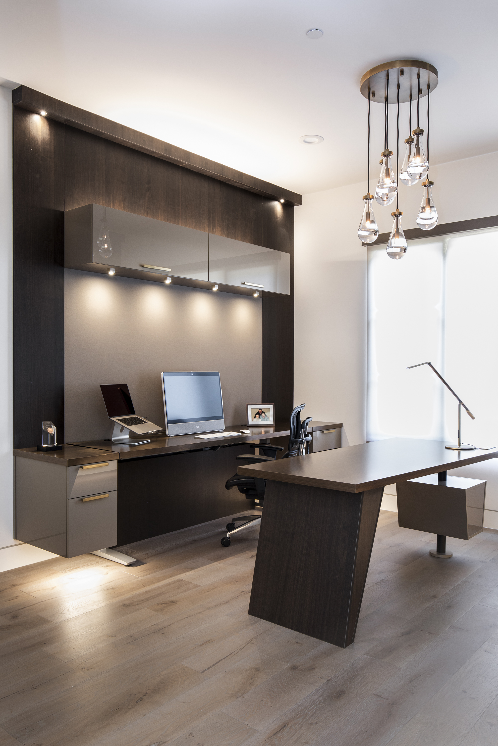 Modern walnut home office with electronic standing desk | Woodworking  Network