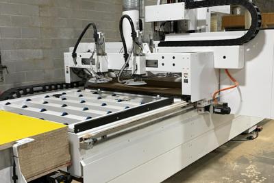 The Homag Centateq N-500 is a CNC machine used for nesting operations. Nearly 100 percent of a board is used to create parts for casegood production.