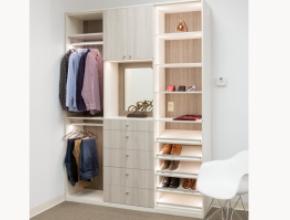 Closet designed with WIlsonart Lujo White Cypress and Grey Elm