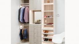 Closet designed with WIlsonart Lujo White Cypress and Grey Elm