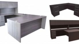 Image of three North American Laminate desks manufactured by Express Office Furniture. From left to right, a U shaped desk with hutch pictured in Stinson Gray, an L shaped desk in Espresso and a two person T shaped desk with hutch in Espresso
