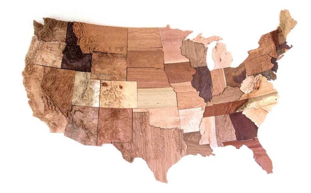 Amazing topographic U.S. map built to scale, features 15 wood species
